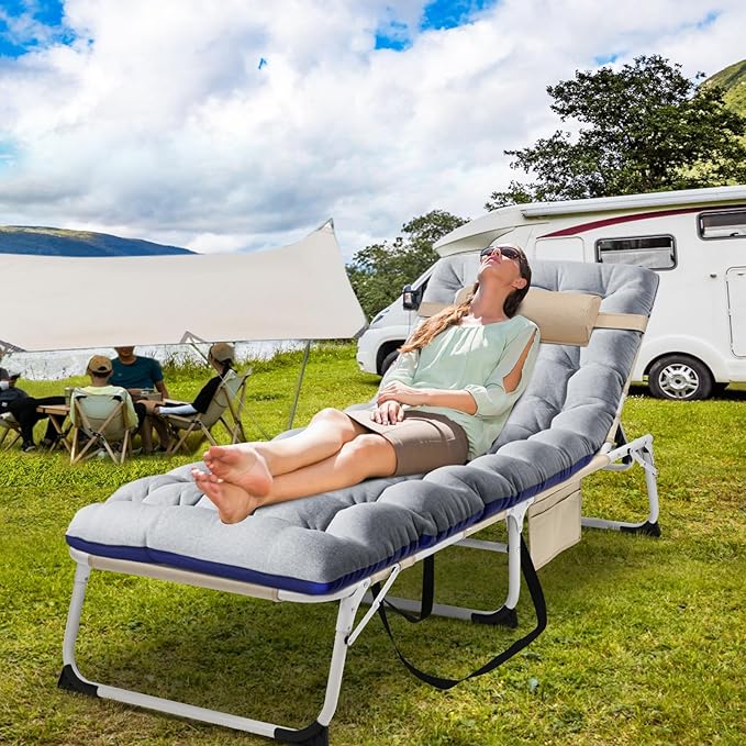 LILYPELLE Portable Folding Camping Cot, Adjustable 5-Position Face Down Folding Chaise Lounge Chairs, Outdoor Portable Folding Bed Sleeping Cot for Camping, Pool, Beach, Patio