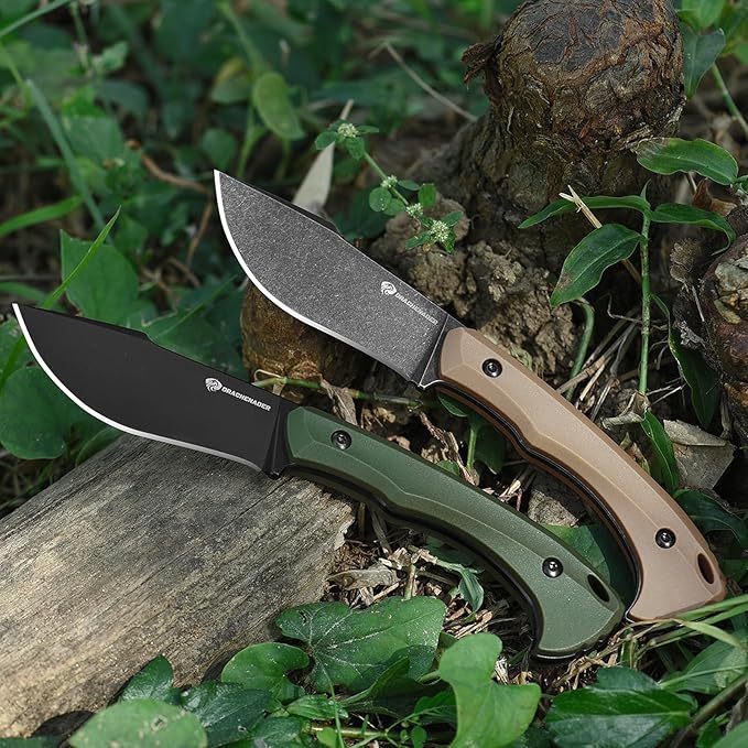 Survival Knife with Fire Starter L-Y, 7.68" Full Tang Small Fixed Blade Knife with Belt Clip, Khaki + Stonewashed Black