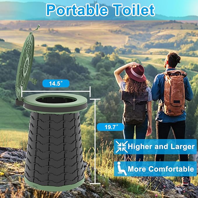 ALEVMOOM XXL Portable Toilet - 19.7" H Taller Wider Collapsible Foldable Camping Toilet with Lid, Strap, Bag - Adjustable for Camping, Hiking, Travel and Car