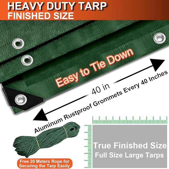 Tarp Waterproof 13x20 Ft Heavy Duty Tarp Thicker 10 Mil Large Tarps with 20M Rope Reinforced Grommets and Edge UV&Fade Resistant Tear Resistant Plastic Tarps for Outdoor Camping Roof Pool Tent