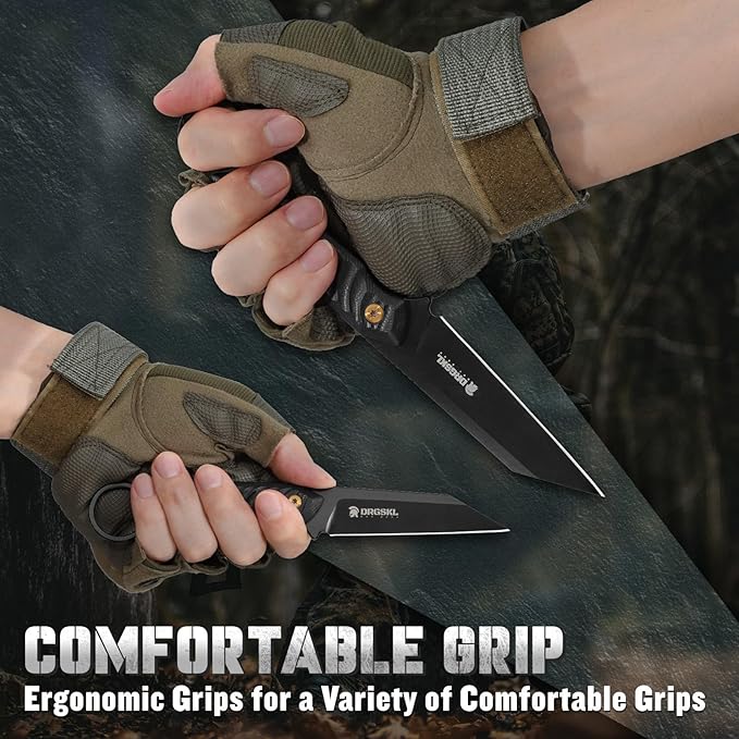 Sheepsfoot Fixed Blade Knife - Full Tang Survival Knives with Sheath, Camping Knives for Men, Black Knives Forged from a Single Piece of D2 Steel, Ideal Gift for Men