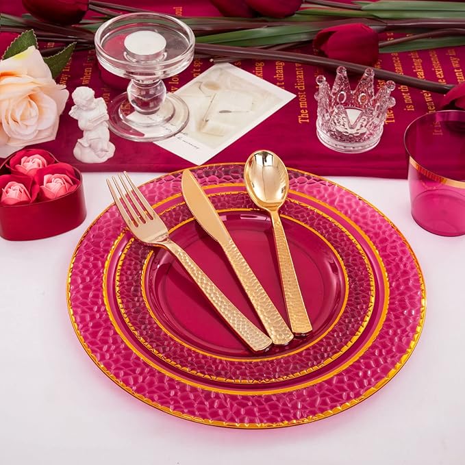 Ciaell 150PCS Clear Red Plastic Plates - Disposable Red and Gold Plates Set include 50Plates, 25Forks, 25Knives, 25Spoons, 25Cups for Wedding & Party & Christmas