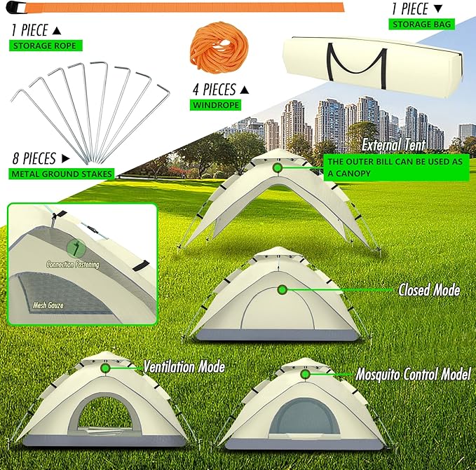 Instant Pop Up Tent 2-3 Person Reactive Outdoor Tent with Mesh Windows 3 Second Setup Waterproof & Portable for Camping & Hiking, Backpacking