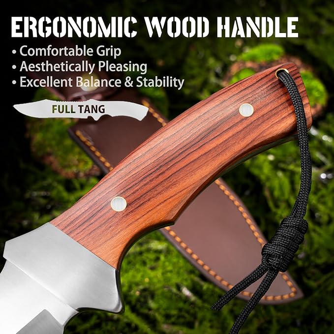 NedFoss 13" Survival Knife with Sheath, 7" Large Blade Camping Knives with Rosewood Handle, Full Tang Bowie Fixed Blade Hunting Knife, Outdoor Bushcraft Gifts for Men Women