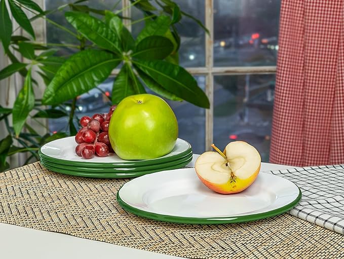 Red Co. Set of 4 Enamelware Metal Classic 8" Round Salad Plate, Solid White/Dark Green Rim