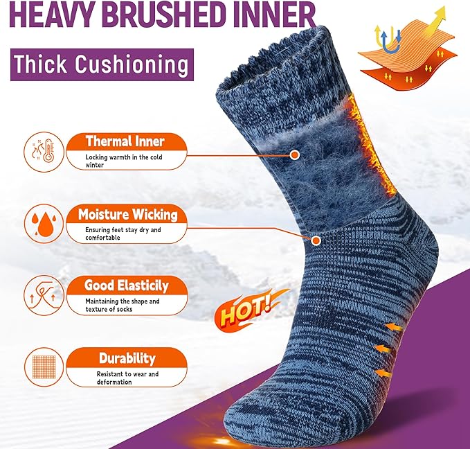 Women Heated Socks Ski Winter Thermal Hiking Snowboarding Thick Boot Insulated Socks 3 Pairs