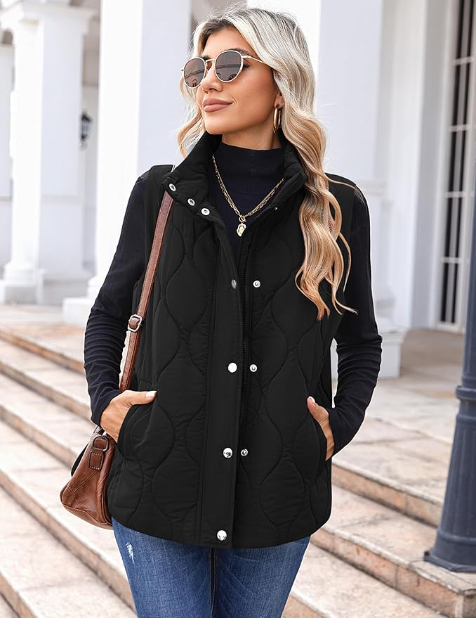 Zeagoo Puffer Vest Women Sleeveless Quilted Jacket Lightweight Snap Zip Up Stand-up Collar Down with Pockets Outerwear