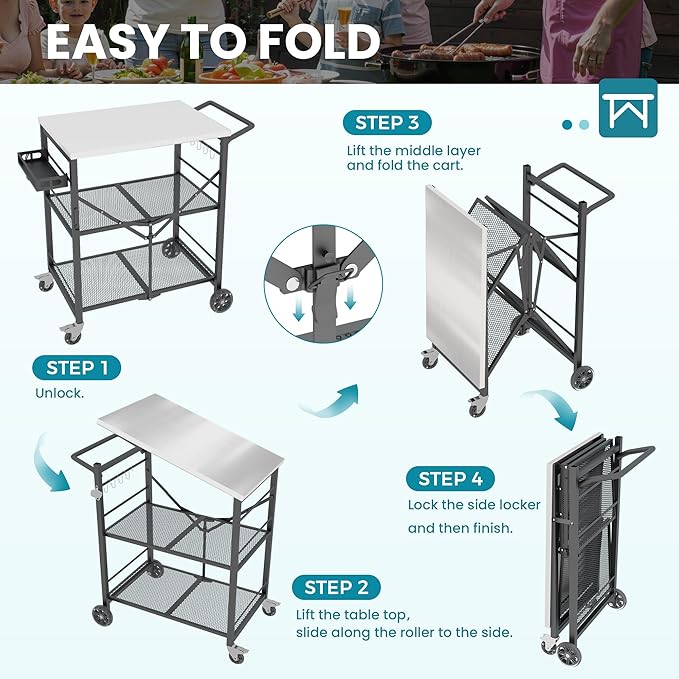 Ciokea Folding Outdoor Grill Cart with Wheels, 3-Shelf Grill Table with 27x18 in Stainless Steel Top, Rolling Pizza Oven Stand, Metal Portable Cart for BBQ Patio Camping (Black)