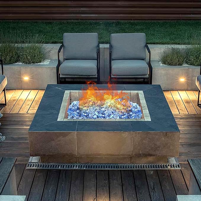 Blue Fire Pit Glass, 10 Pounds High Luster Reflective Tempered Glass Rocks for FirePit Table, Propane Fireplaces, Fire Bowls, 1/2 Inch