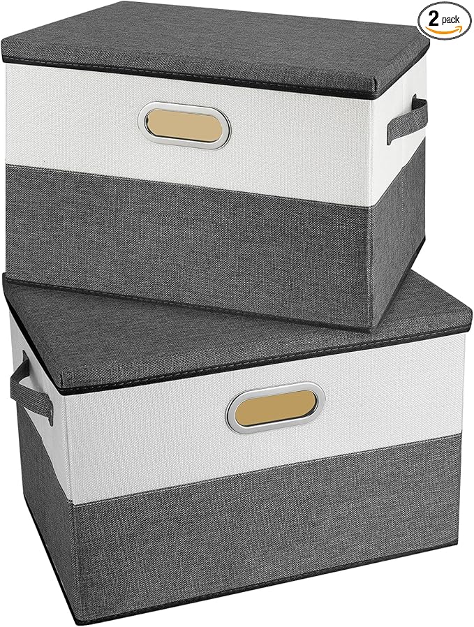 Large Linen Fabric Foldable Storage Bins with Removable Lid and Handles, Washable Storage Box Organizer Containers Baskets Cube with Cover for Bedroom,Closet,Office(Grey&Cream, Large(2-Pack))