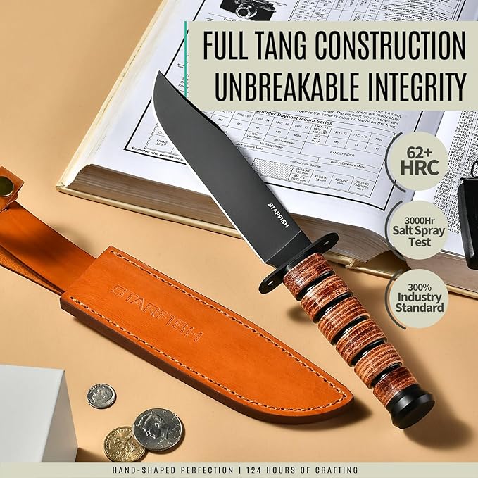 STARFISH Full Tang Fixed Blade Knife, 7.0” DC53 Steel Blade with Black Titanium Coating Hunting Knife with Sheath, Ergonomic Leather Handle Bushcraft Bowie Knives for Camping, Hiking