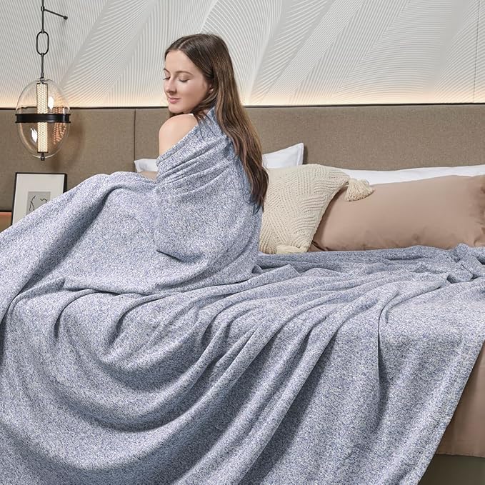 KAWAHOME Summer Sweatshirt Throw Blanket for Bed-Lightweight Breathable Blankets,Soft Thin Knit Jersey Throw Blanket for Hot Sleepers,50 X 60 Inches, Heather Blue
