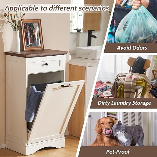 13 Gallons Tilt Out Trash Cabinet Freestanding Kitchen Trash Bin Cabinet Wood Garbage Recycling Cabinet with Hideaway Drawer Pet Proof Trash Can Holder for Kitchen Living Room, Antique White