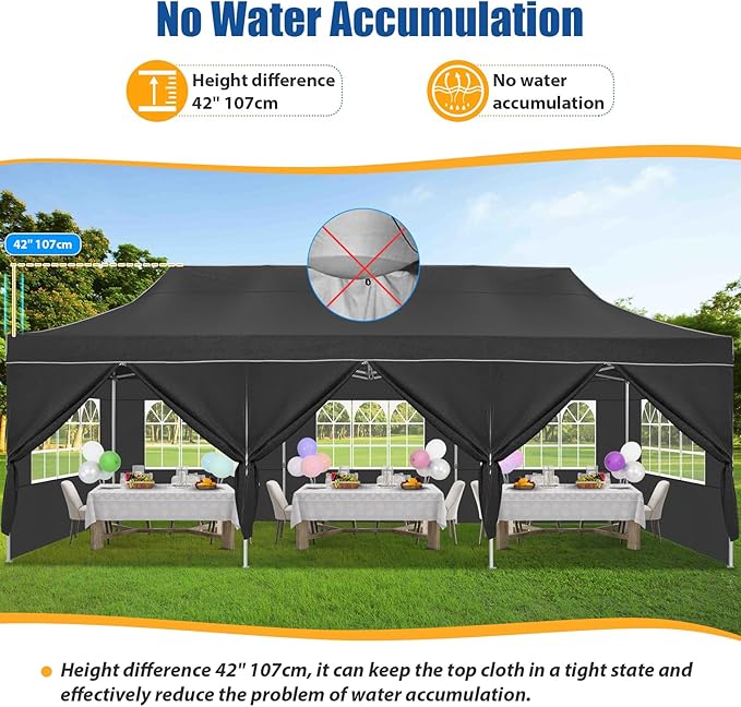 HOTEEL 10x30 Pop up Canopy Tent for Parties, Heavy Duty Easy Setup Tent with 8 Sidewalls, Outdoor Commercial Instant Gazebo for Wedding Event, with Portable Bag & Sand Bags, Black(Hexagonal Frame)