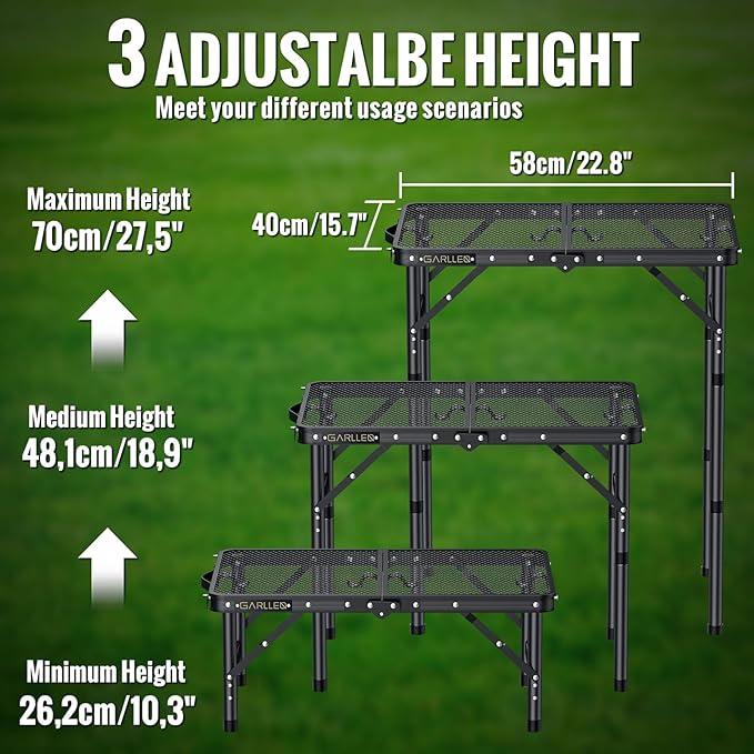 GARLLEN 2ft Folding Grill Table, 3 Adjustable Height Lightweight Camping Table with Heat-Resistant Mesh Desktop, Portable Aluminum Outdoor Tables for BBQ, Camping, Picnic, 22.8" L x 15.7" W, Black