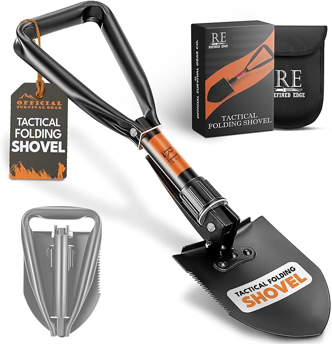 Folding Shovel, 18" Survival Shovel, Backpack Hiking Shovel, Military Grade Carbon Steel with Saw Edge, Collapsible with Carry Case