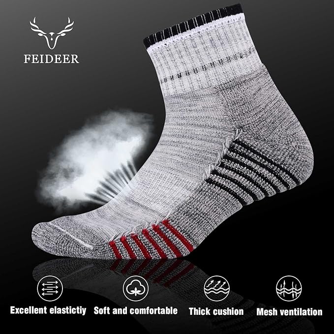 FEIDEER Men's Walking Hiking Socks, Wicking Cushion Quarter Crew Socks for Mens Outdoor Sports, 3/4/5 Pair, 6-15 Size