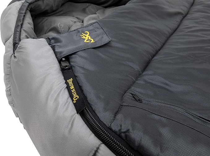 Browning McKinley -30° Sleeping Bag - Oversize Insulated Hooded Rectangle Made with Ripstop Outer and Brushed Polyester Liner, with Compression Stuff Sack, Charcoal/Gray