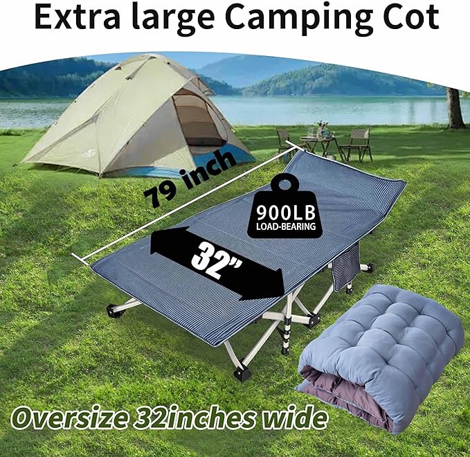 79" L x 32" W x 18" H Camping Cot with Comfortable Mattress for Adults Extra Wide Cot for Sleeping XXL Oversize Folding Bed Heavy Duty with Carry Bag for Indoor Outdoor
