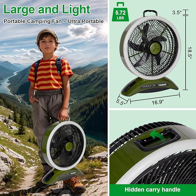 Extra Large Size Camping Fan, 45000mAh Battery Rechargeable Portable Fan, 12-Inch Blade & 830CFM Super Airflow, Ring LED, Cordless for Outdoor Large BBQ RV Tent Garage Hurricane Emergencies & Indoor