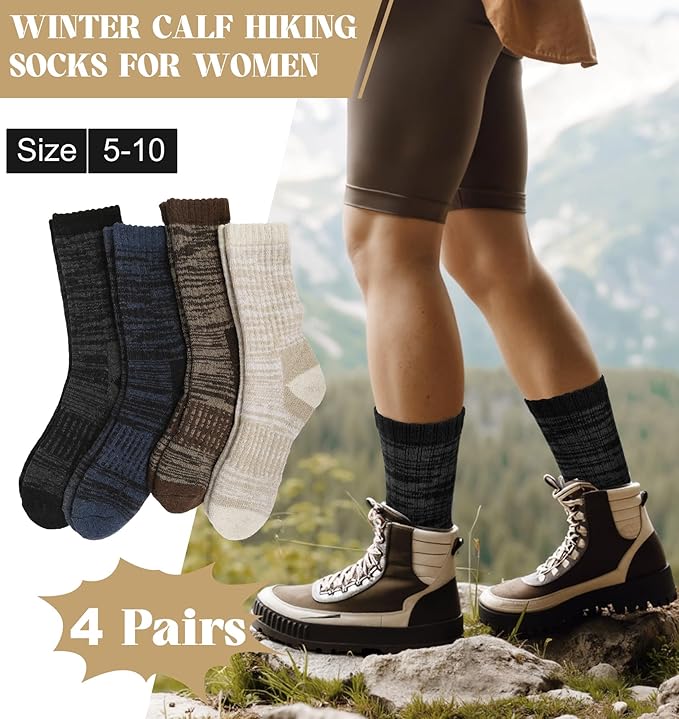 Justay 4 Pairs Merino Wool Socks for Women, Hiking Thermal Warm Winter Cozy Thick Boot Socks for Women Gifts