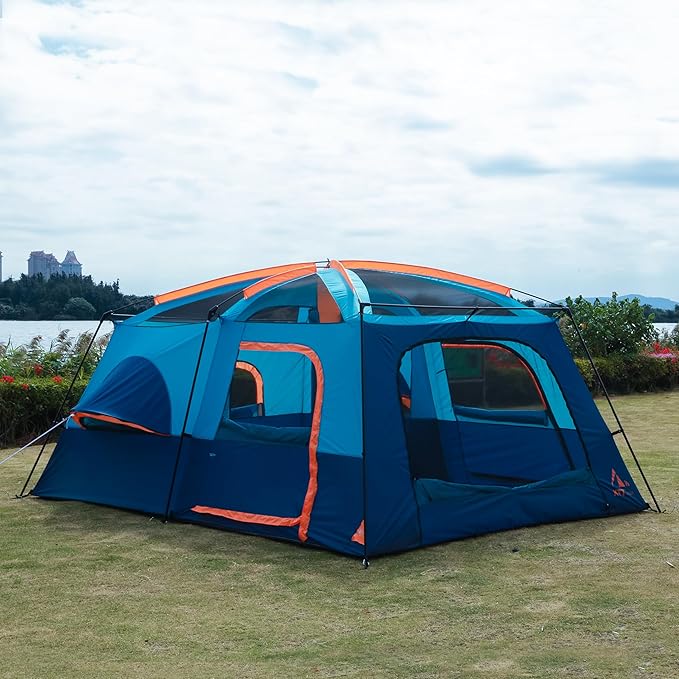 KTT Extra Large Tent 10-12-14 Person(B),Family Cabin Tents,2 Rooms,3 Doors and 3 Windows with Mesh,Straight Wall,Waterproof,Double Layer,Big Tent for Outdoor,Picnic,Camping,Family Gathering