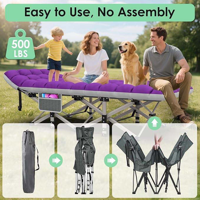 Suteck Camping Cot, Folding Camping Cot Bed for Adults Sleeping 1200D Double Layer Oxford Portable Folding Outdoor Cots for Camping W/Soft Pad Carry Bag for Home Office Nap Beach Travel, 500LBS,Purple