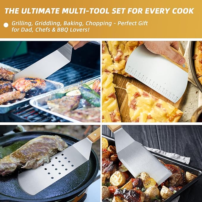 Heavy Duty Metal Spatula Set of 4, Professional Stainless Steel Griddle Spatulas and Scraper for Flat Top Grill, Cast Iron, BBQ, Smash Burger, Full Tang Wood Handle & Beveled Edge, Commercial Grade