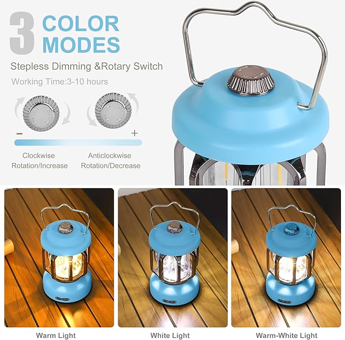Rechargeable LED Camping Lanterns, 2000mAh Vintage Camping Lights Battery Operated Rechargeable , Hanging Retro Metal Hiking Tent Lamp for Emergency, Hurricane,Decoration,Home,Blue,2 Pack