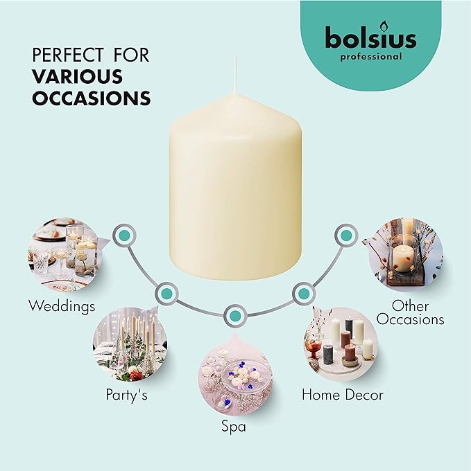 BOLSIUS 6 Ivory Pillar Candles Bulk - 3x4 Inches Candle Set - 40+ Hours Clean Burning - No Palm Oil - 0% Animal Fat - Premium European Quality - Unscented Dripless Restaurant Pillars