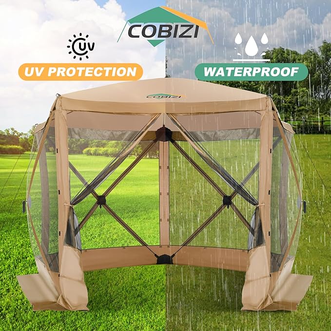 COBIZI 10x10ft Pop up Gazebo Screen House Tent for Camping, Pop-up Camping Canopy with Mesh Windows,Portable Outdoor Quick-Set Hub Tent with Carrying Bag&Ground Stakes,Khaki(Upgraded 2.0)