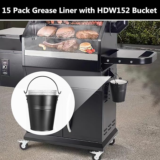 HDW152 Grease Bucket with 15 Pack BAC407 Grease Bucket Liner for Traeger Grills,Drip Liner Drip Pan for Traeger Pro Series 575/780, 20/22/34, Ironwood 650/885 Grills,Pit Boss Pellet Grill Smoker