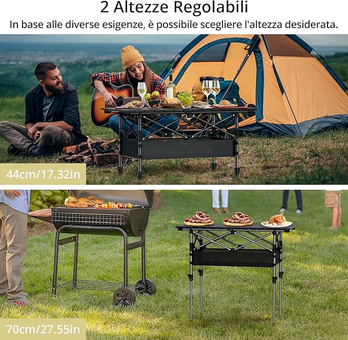 3ft Roll Top Camping Table, 2 Adjustable Heights Aluminum Folding Camping Table with Storage Net and Bag, Waterproof, Lightweight Outdoor Table 32.2” x 16”, for Travel BBQ Party Picnic, Black