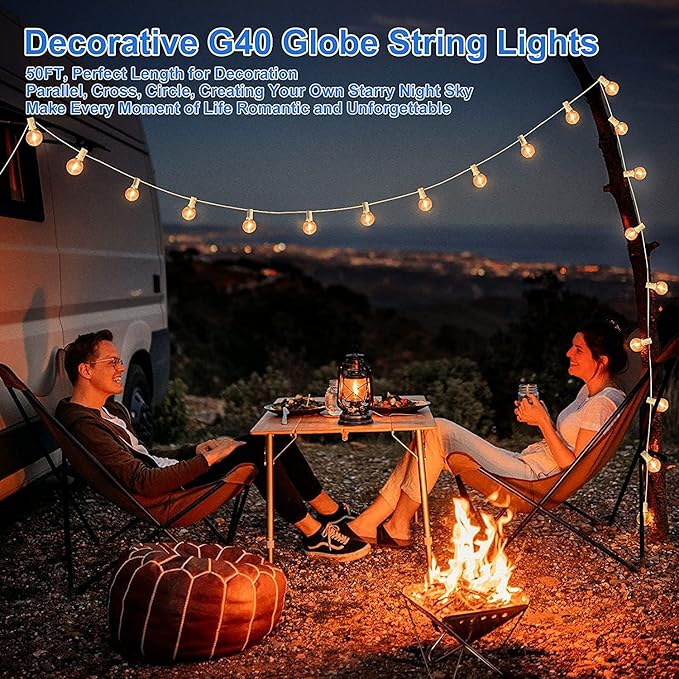 Abeja 50FT G40 LED Globe String Lights, Outdoor Patio String Lights with 50+2 Dimmable Shatterproof Bulbs, Backyard Outdoor Hanging Lights, Bistro Waterproof for Balcony Party Wedding, White Wire