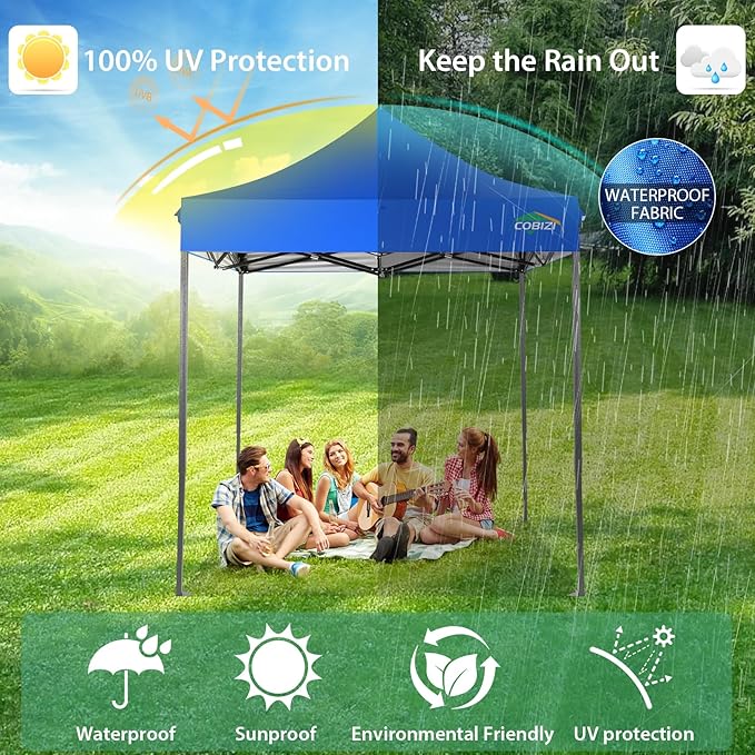 COBIZI 6.6x6.6 Pop Up Canopy Without Sidewall,Heavy Duty Canopy UPF 50+ All Season Wind Waterproof Commercial Outdoor Party Tents for Parties Canopy Gazebo with Storage Bag(6.6 x 6.6 ft Blue)