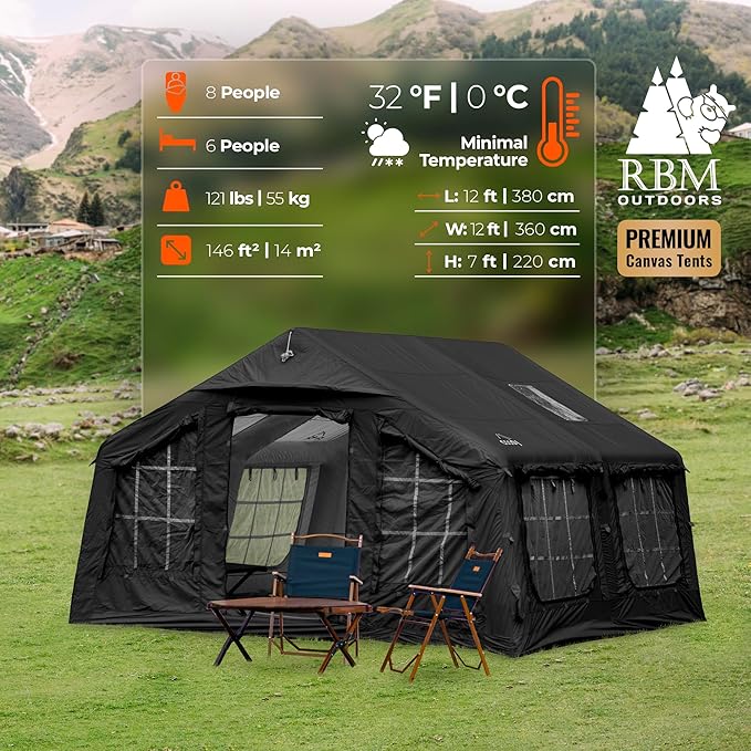 Coody | Rbm Outdoors Koala/Hub/Octopus Inflatable Tents for Camping with Stove Jack, 2/8/10 Person Luxury Canvas Blow Up Tent, 2 Room, Easy Setup Casa de Campaña, Large Inflatable House with Pump
