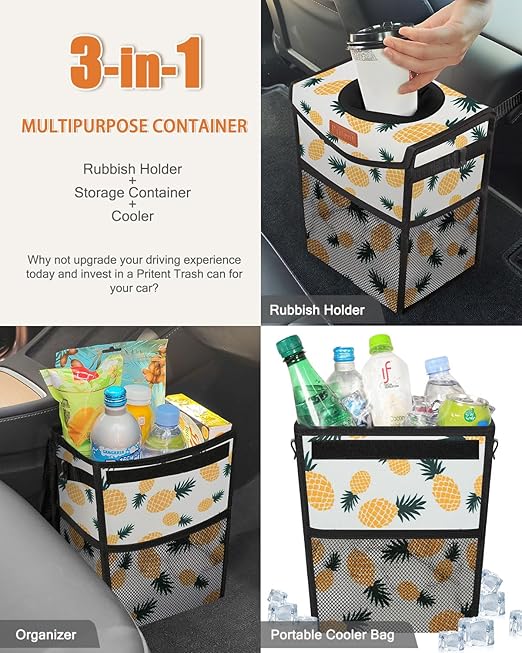 Car Trash Can with Lid, Cute Leakproof Car Trash Garbage Bag Hanging Vehicle Trash Bin Small Portable Automotive Garbage Cans Organizer for Back/Front Seat/Console(2.8 gal,Pineapple Print