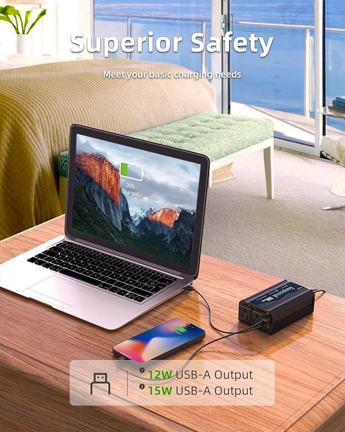 300W Power Inverter DC 12V to 110V Car Charger Converter with Dual USB Ports and 2 AC Outlets for Air Compressor Laptops, Road Trip Accessories (Black)