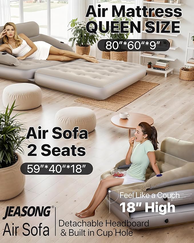 JEASONG Inflatable Chair Air Couch with Air Pump, Camping Air Mattress Blow Up Inflatable Sofa Bed with Backrest, Multi-Mode Use, Easy to Storage