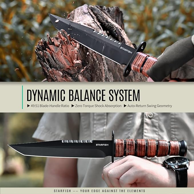 STARFISH Full Tang Fixed Blade Knife, 7.0” DC53 Steel Blade with Black Titanium Coating Hunting Knife with Sheath, Ergonomic Leather Handle Bushcraft Bowie Knives for Camping, Hiking