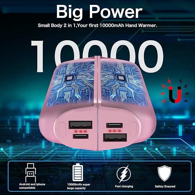Hand Warmers Rechargeable 2 Pack,10000mAh Split-Magnetic Electric AI Handwarmer Power Bank,3 Levels, Camping,Hunting in Winter