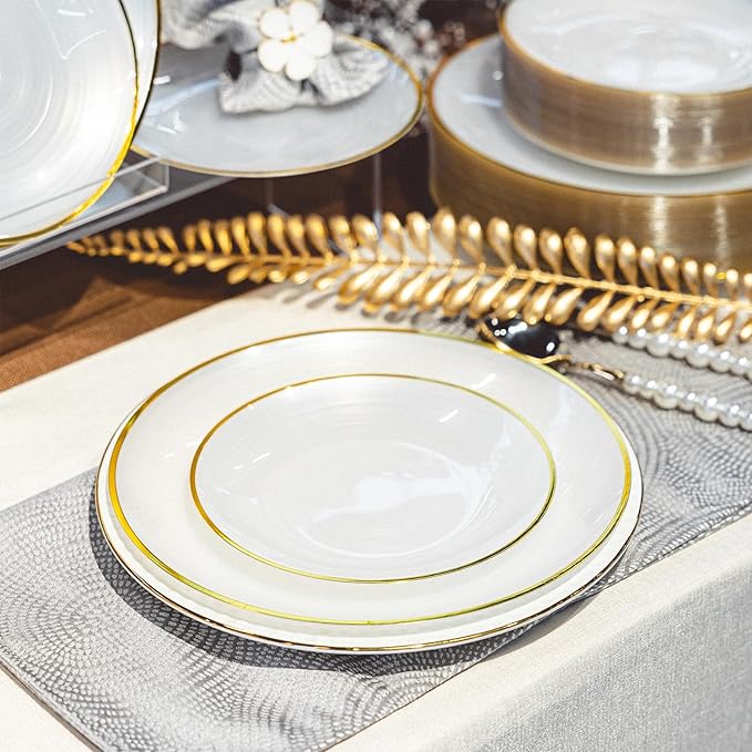 100PCS White Gold Plastic Plates, 7 Inch Heavy Duty Disposable Dessert Plates with Gold Rim, Round Appetizer/Salad Plates for Wedding, Party, Camping, Picnic