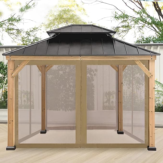 Coastshade Gazebo Canopy Mesh Walls Replacement 10x10 Gazebo Pergola Mosquito Screen Netting for Gazebos with 48Curtain Rings & 48Rail Hooks,Khaki
