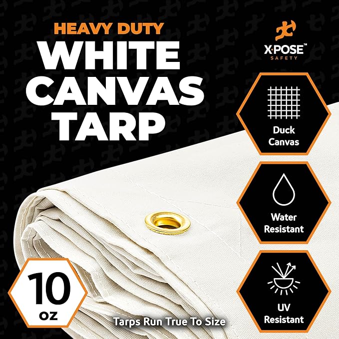 Xpose Safety Canvas Tarp - 10oz White Canvas Tarps Heavy Duty Water Resistant with Brass Grommets- Multipurpose Outdoor Tarpaulin for Camping, Canopy, Trailer, Equipment Cover 4' x 4'