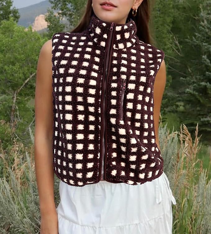 Colorful world Womens Checkered Sherpa Vest Fleece Jacket Lightweight Zip Up Sleeveless Crochet Plaid Gilet with Pocket