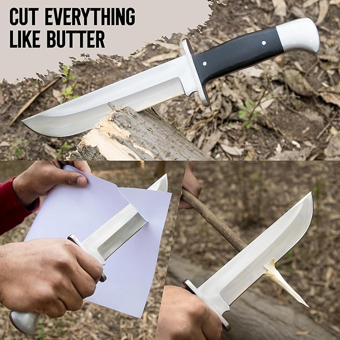 D2 13 Inch Full Tang Fixed Blade Bowie Knife with Leather Sheath - Suitable for Outdoor, Bushcraft, Survival, and Camping Knife with Black Micarta Handle