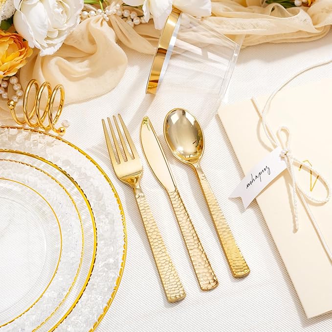 Ciaell 150PCS Clear Gold Plastic Plates - Disposable Gold Rim Plates include 25Dinner Plate, 25Dessert Plate, 25Forks, 25Knives, 25Spoons, 25Cups for Wedding & Party & Thanksgiving