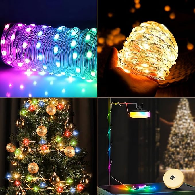 Camping String Lights, 4 in 1 Quick Storage Camping Essentials Gear 32.8FT Rechargeable Tent Lights with 9 Modes Warm +RGB Waterproof Camp Lamp for Camping Hiking Patio Garden Halloween Xmas Decor