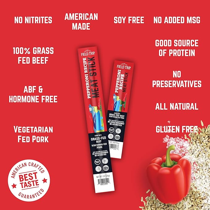 Field Trip Grass Fed Pepperoni Jerky Snack Sticks, Keto, Paleo, Gluten Free, Allergy Friendly Snack, High Protein, 100 Calorie Snack, 1oz, 24 Pack
