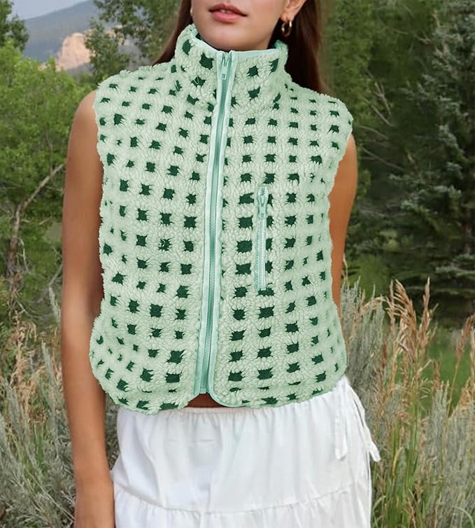 Colorful world Womens Checkered Sherpa Vest Fleece Jacket Lightweight Zip Up Sleeveless Crochet Plaid Gilet with Pocket